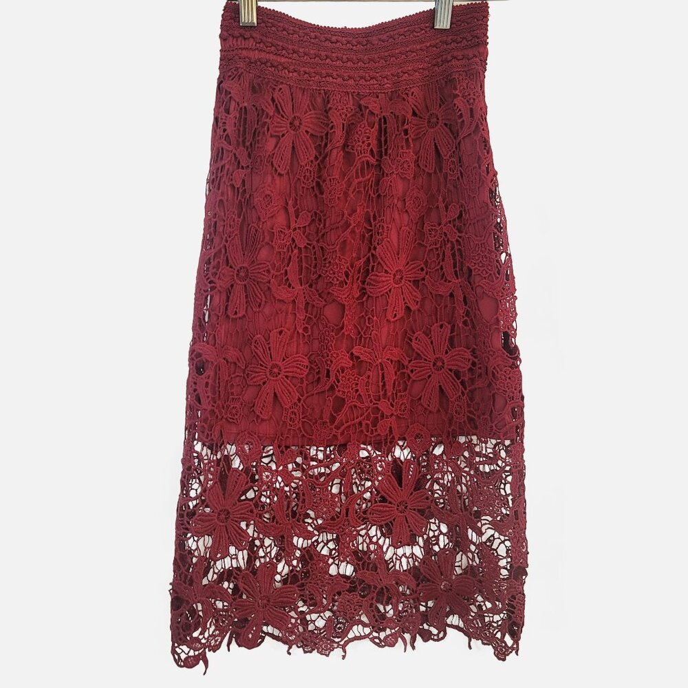 Meraki Red Wine Floral Lace Cut-Out Midi High Waisted Skirt- M